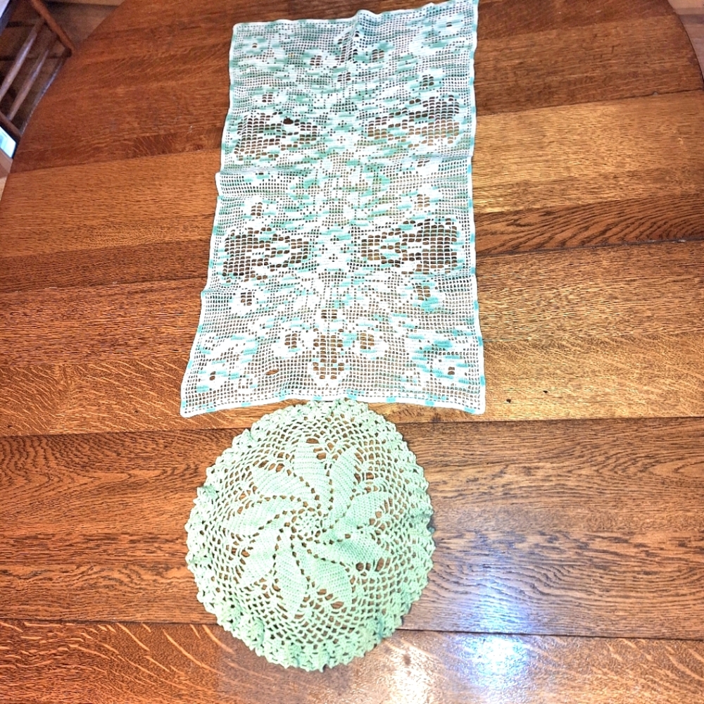 Handmade Crochet Table Runner and Doily Set, Green & White, Vintage